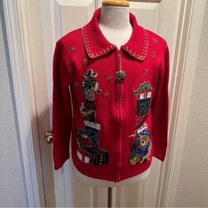 Christmas Presents Sweater Cardigan VTG 2002 Knit Tiara International